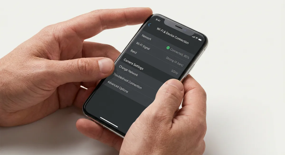 Smartphone screen showing doorbell camera app network settings and WiFi connectivity options