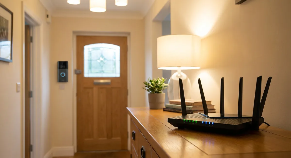 WiFi router positioned strategically near front door with video doorbell for optimal signal strength