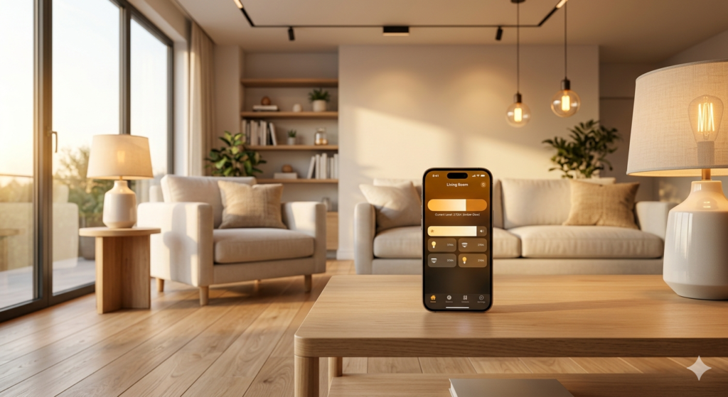Modern living room with smart LED lighting