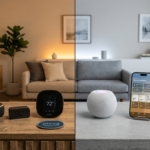 Split comparison of Amazon Alexa and Apple HomeKit smart home setups in modern living room