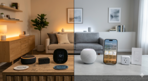 Split comparison of Amazon Alexa and Apple HomeKit smart home setups in modern living room