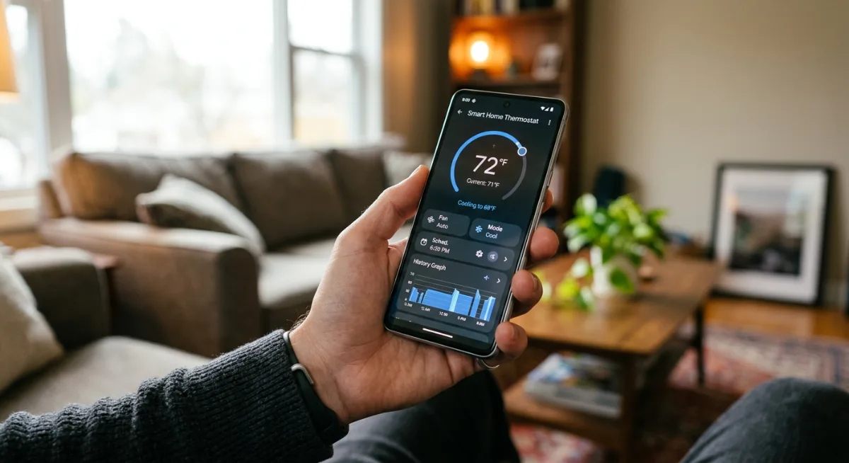 Hand holding smartphone with smart thermostat app showing temperature control and scheduling features
