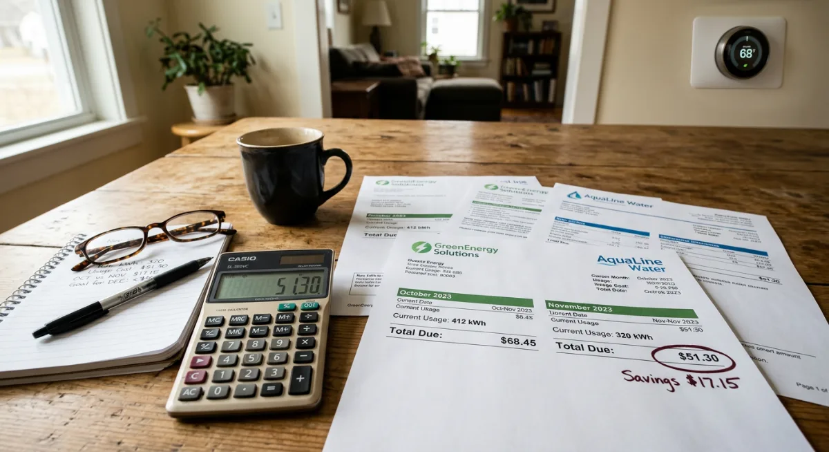 Utility bills and calculator on table showing energy cost savings from smart thermostat use