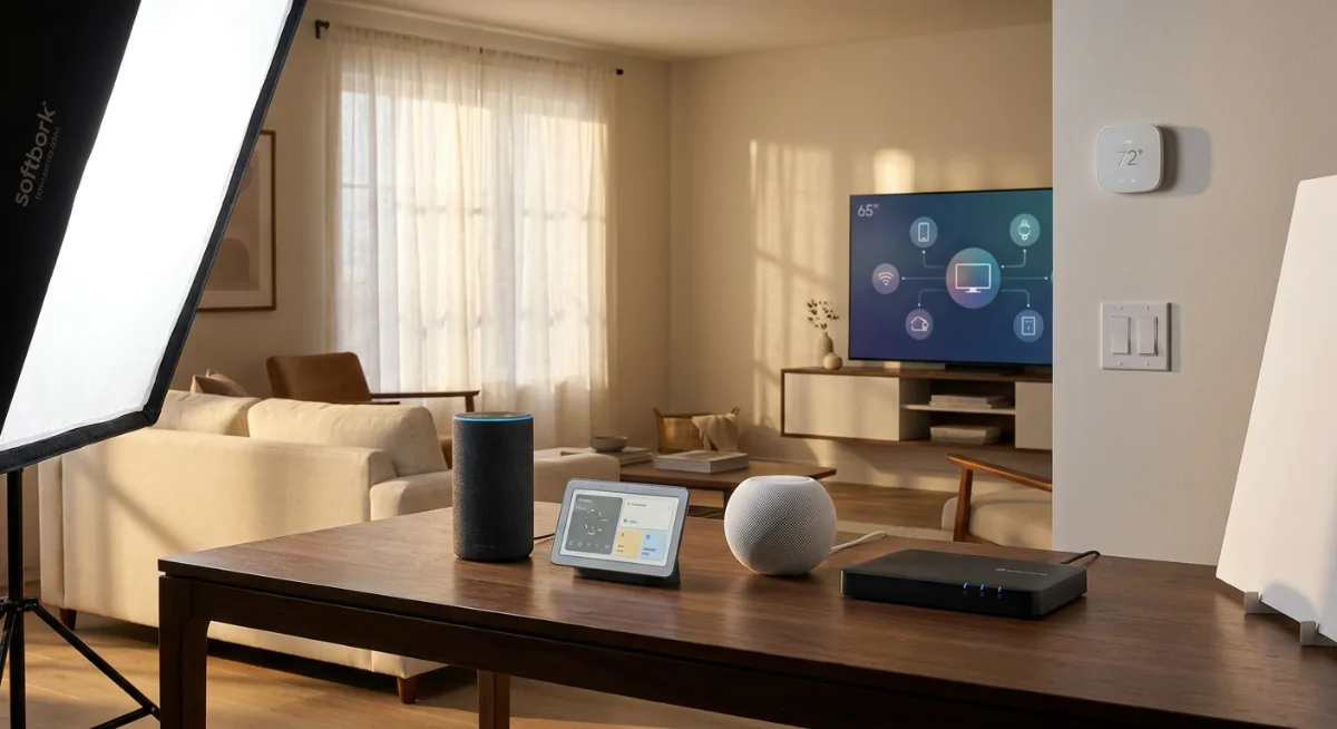 Modern living room displaying various smart home devices and hubs from different brands including Amazon Echo, Google Nest, <a class=