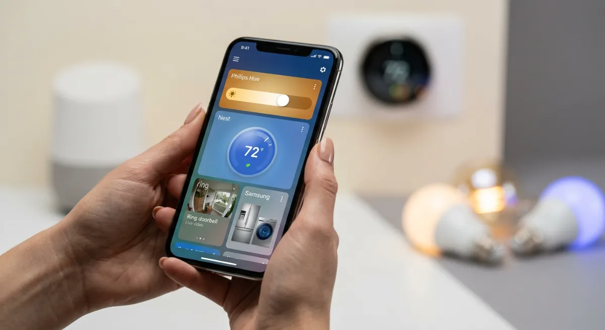 Close-up of hands holding smartphone showing smart home app interface with controls for multiple brand ecosystems