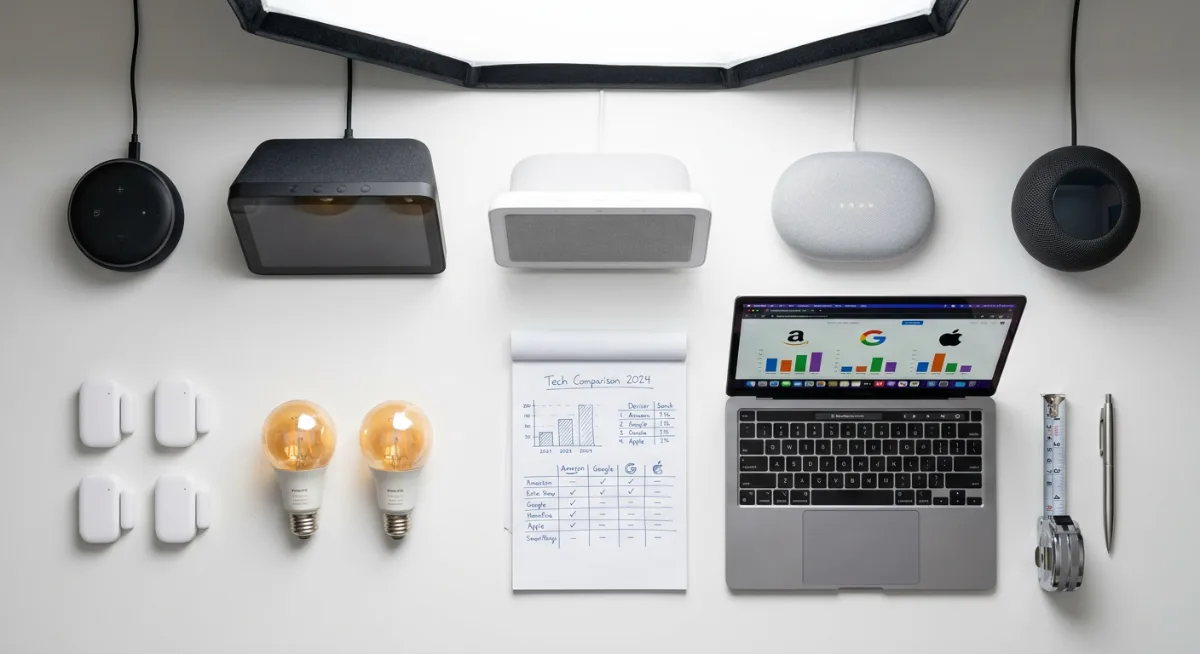 Overhead view of smart home devices from different brands arranged for comparison on white desk with evaluation materials
