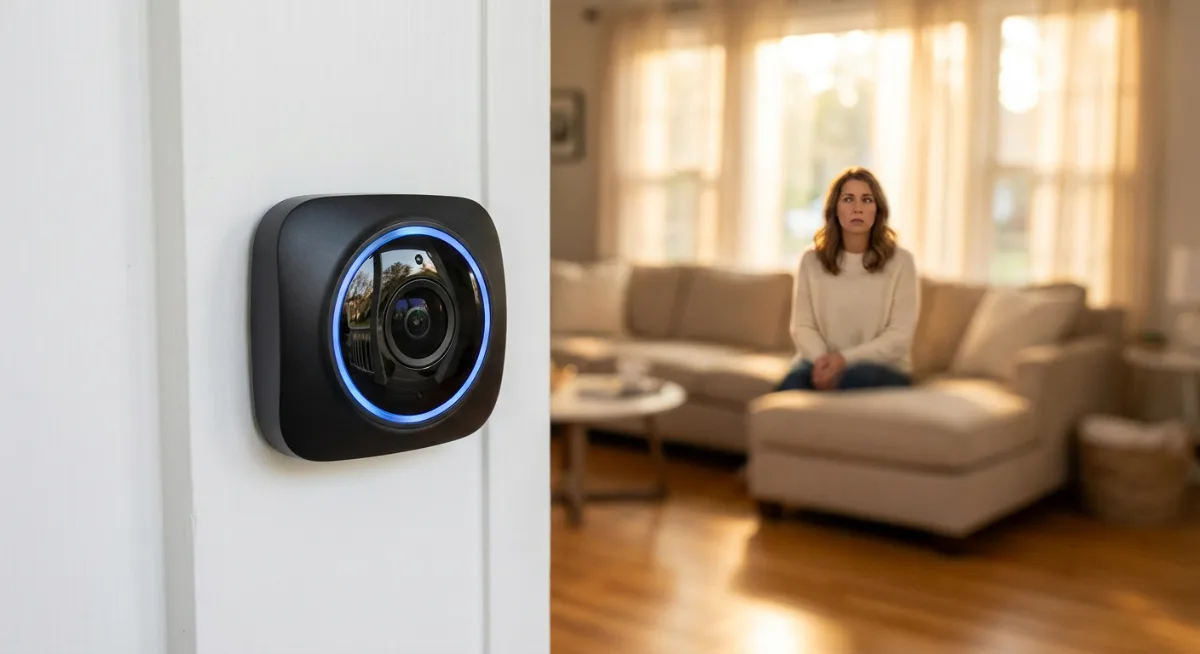 Smart doorbell with camera and LED indicator mounted by front door overlooking private living room interior