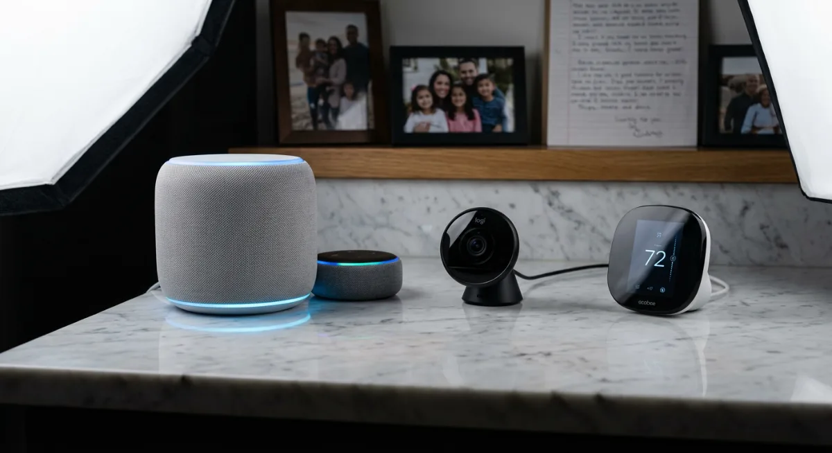 Collection of smart home devices including speakers and cameras on kitchen counter with personal items visible nearby