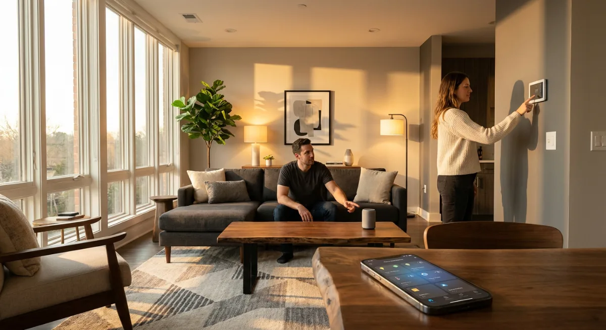 Modern family using common smart home devices including thermostat, voice assistant, and smart lighting in contemporary living room