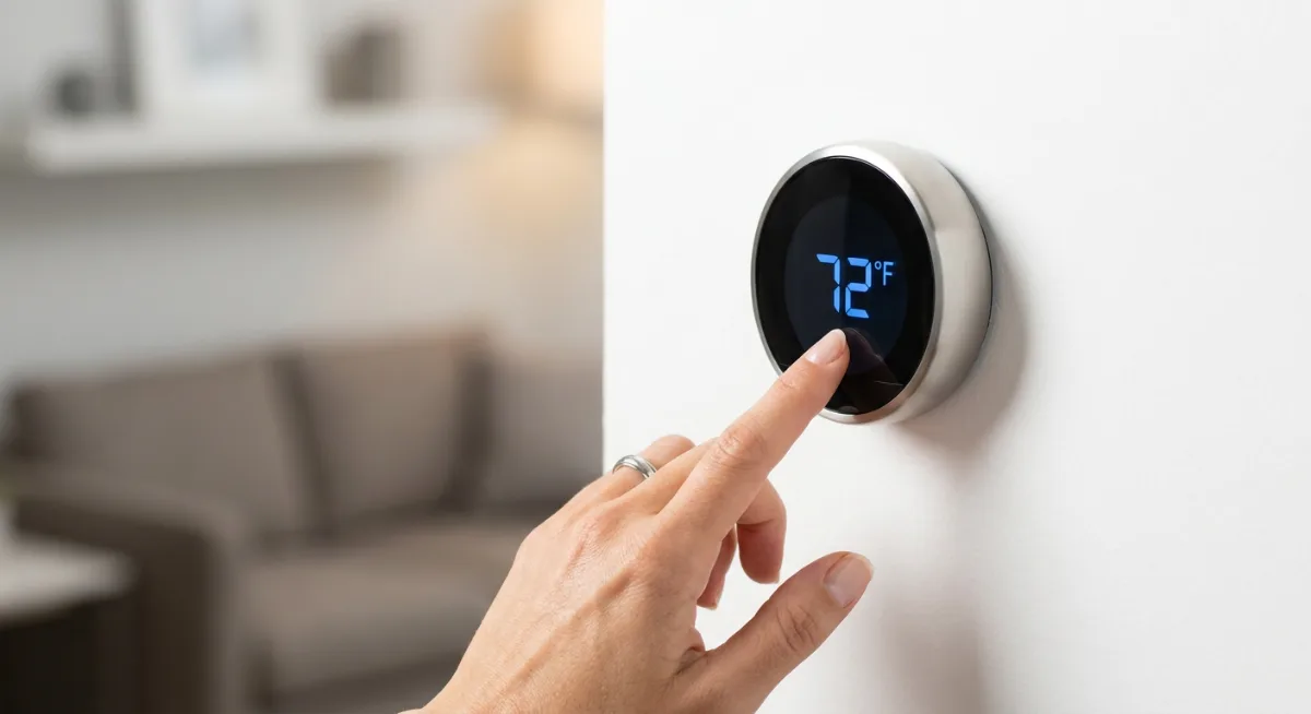 Close-up of hand adjusting smart thermostat display showing temperature control interface