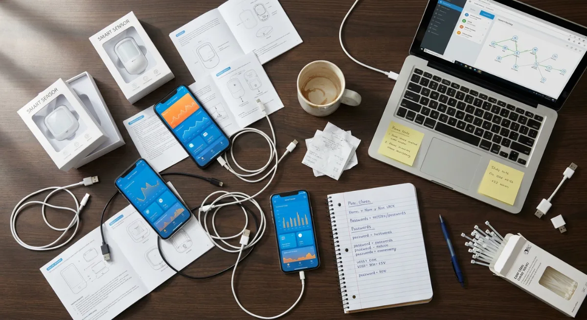 Overhead view of desk with multiple smart home apps, devices, and manuals showing complexity of home automation setup
